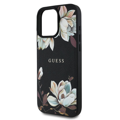 Apple iPhone 16 Pro Kılıf Guess Orjinal Lisanslı M-safe Şarj Özellikli Taneli Çiçek Tasarımlı Metal Yazı Logolu Kapak