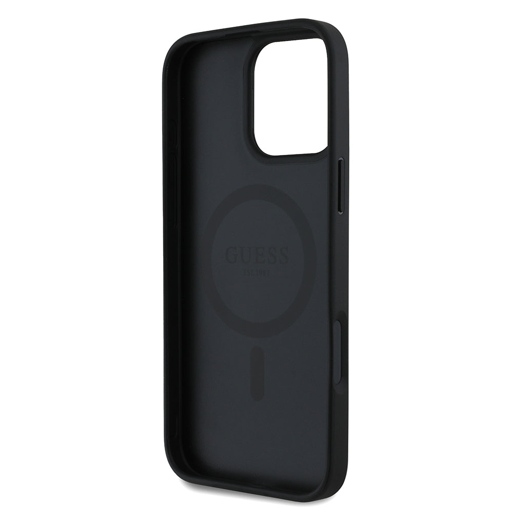 Apple iPhone 16 Pro Kılıf Guess Orjinal Lisanslı M-safe Şarj Özellikli Taneli Çiçek Tasarımlı Metal Yazı Logolu Kapak