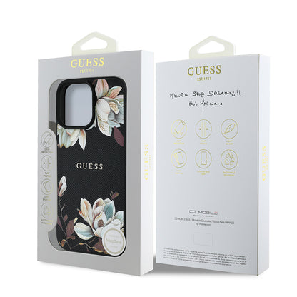 Apple iPhone 16 Pro Kılıf Guess Orjinal Lisanslı M-safe Şarj Özellikli Taneli Çiçek Tasarımlı Metal Yazı Logolu Kapak