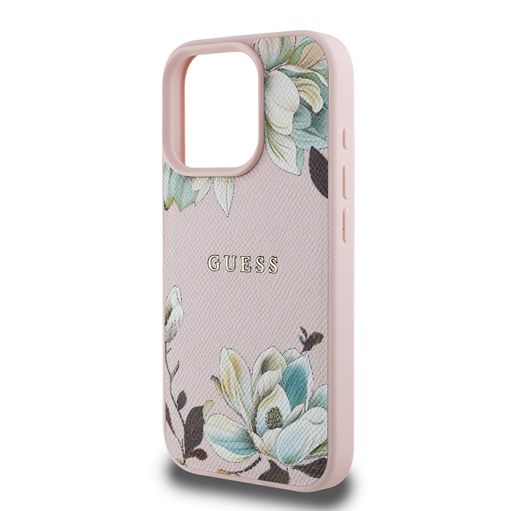 Apple iPhone 16 Pro Kılıf Guess Orjinal Lisanslı M-safe Şarj Özellikli Taneli Çiçek Tasarımlı Metal Yazı Logolu Kapak