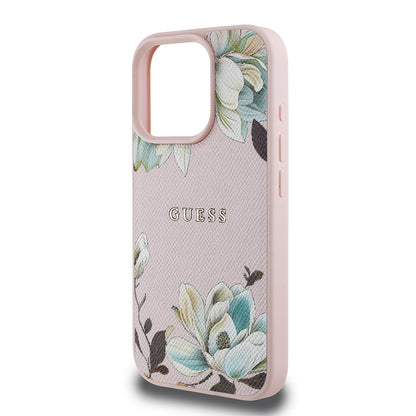 Apple iPhone 16 Pro Kılıf Guess Orjinal Lisanslı M-safe Şarj Özellikli Taneli Çiçek Tasarımlı Metal Yazı Logolu Kapak
