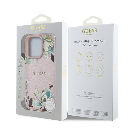 Apple iPhone 16 Pro Kılıf Guess Orjinal Lisanslı M-safe Şarj Özellikli Taneli Çiçek Tasarımlı Metal Yazı Logolu Kapak