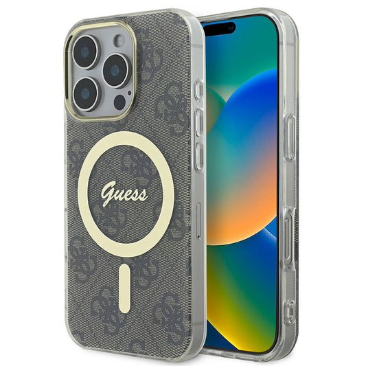 Apple iPhone 16 Pro Kılıf Guess Orjinal Lisanslı M-safe Şarj Özellikli Yazı Logolu 4G Desenli Kapak
