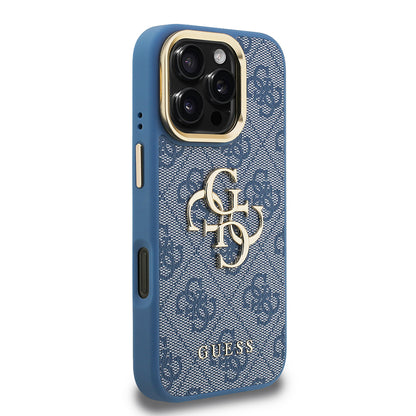 Apple iPhone 16 Pro Kılıf Guess Orjinal Lisanslı PU Deri 4G Desenli Metal Büyük 4G ve Yazı Logolu Kamera Standlı Kapak