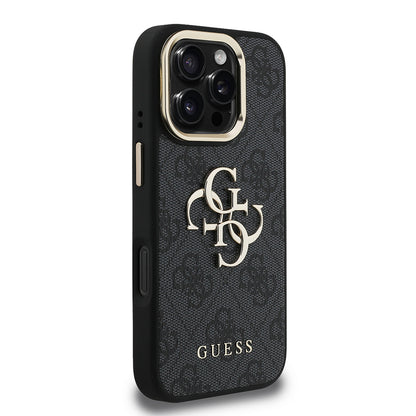 Apple iPhone 16 Pro Kılıf Guess Orjinal Lisanslı PU Deri 4G Desenli Metal Büyük 4G ve Yazı Logolu Kamera Standlı Kapak
