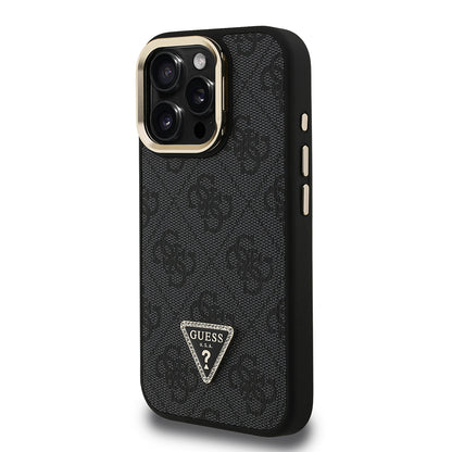 Apple iPhone 16 Pro Kılıf Guess Orjinal Lisanslı PU Deri Taşlı Üçgen Logo 4G Desenli Kamera Standlı Kapak