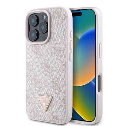 Apple iPhone 16 Pro Kılıf Guess Orjinal Lisanslı PU Deri Taşlı Üçgen Logo 4G Desenli Strass Kapak