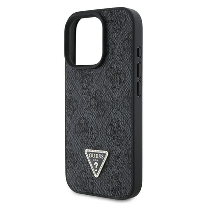 Apple iPhone 16 Pro Kılıf Guess Orjinal Lisanslı PU Deri Taşlı Üçgen Logo 4G Desenli Strass Kapak