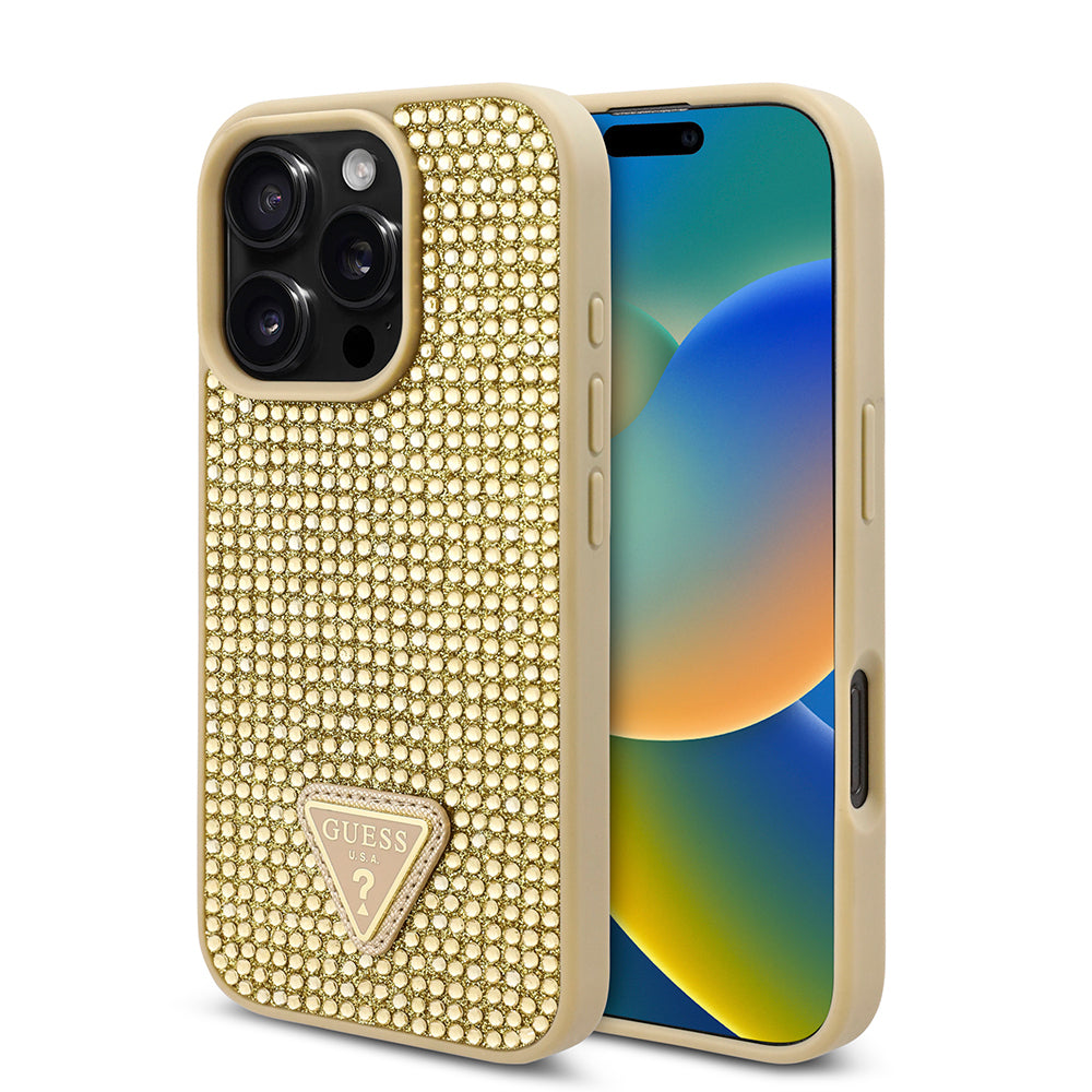 Apple iPhone 16 Pro Kılıf Guess Orjinal Lisanslı Taşlı Arka Yüzey Üçgen Logolu Kapak
