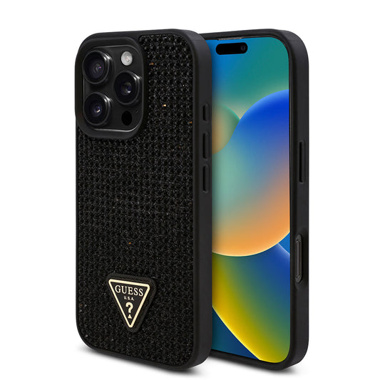 Apple iPhone 16 Pro Kılıf Guess Orjinal Lisanslı Taşlı Arka Yüzey Üçgen Logolu Kapak