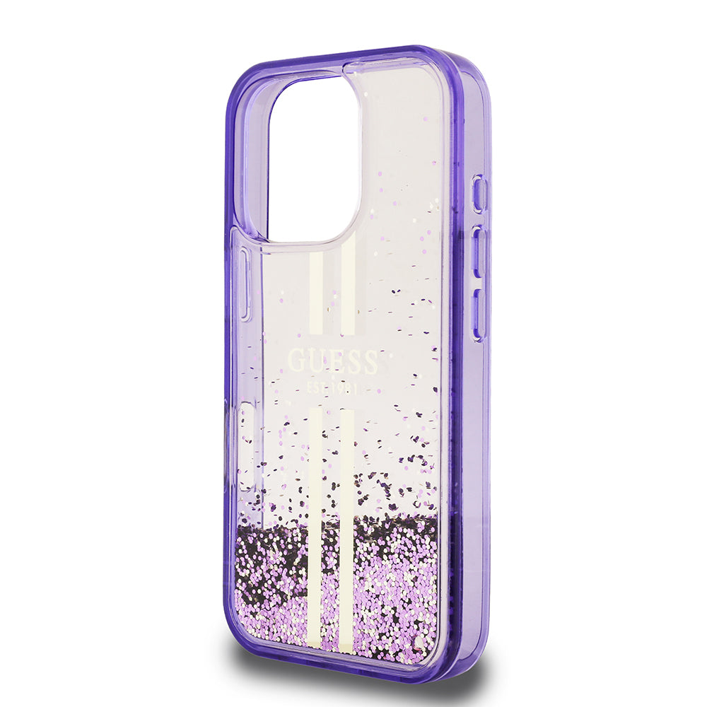 Apple iPhone 16 Pro Kılıf Guess Orjinal Lisanslı Transparan Sıvılı Simli Altın Çizgili Kapak