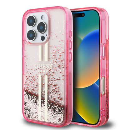 Apple iPhone 16 Pro Kılıf Guess Orjinal Lisanslı Transparan Sıvılı Simli Altın Çizgili Kapak
