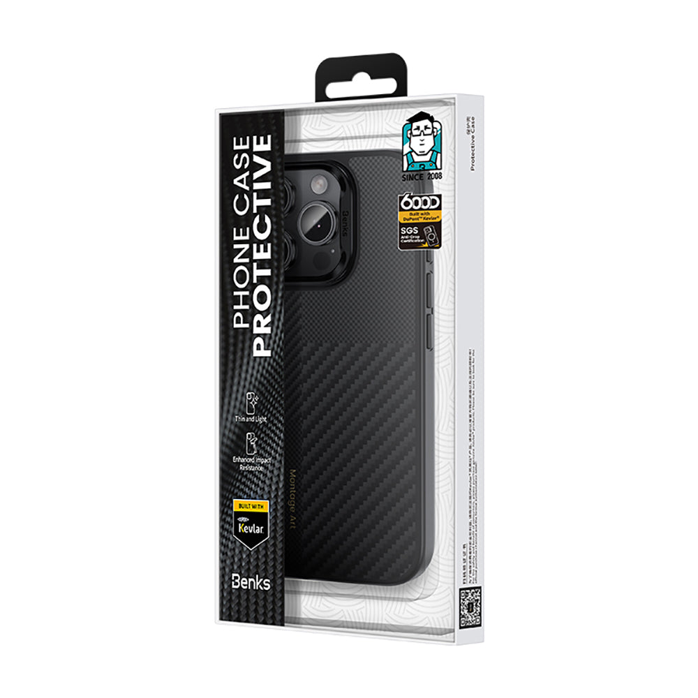 Apple iPhone 16 Pro Kılıf Karbon Fiber M-safe Şarj Özellikli Kamera Kontrol Butonlu Benks Hybrid ArmorPro Montage Kevlar Kapak