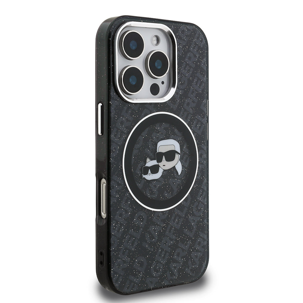 Apple iPhone 16 Pro Kılıf Karl Lagerfeld Orjinal Lisanslı Parlayan Simli Karl & Choupette Heads Kapak
