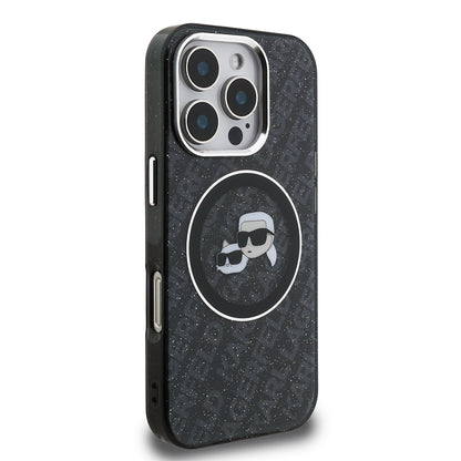 Apple iPhone 16 Pro Kılıf Karl Lagerfeld Orjinal Lisanslı Parlayan Simli Karl & Choupette Heads Kapak