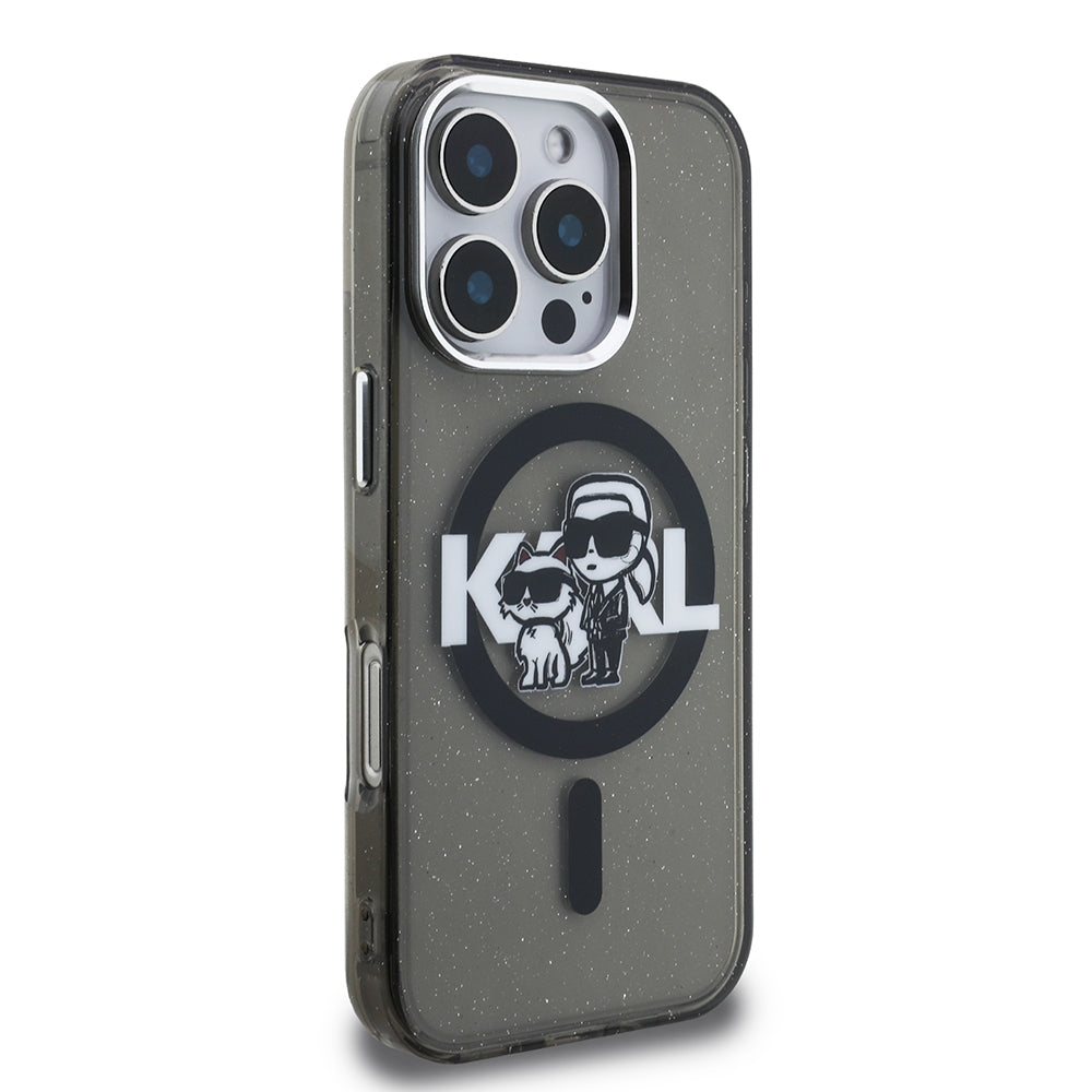 Apple iPhone 16 Pro Kılıf Karl Lagerfeld Orjinal Lisanslı Parlayan Simli Karl & Choupette Sketch Logo Kapak