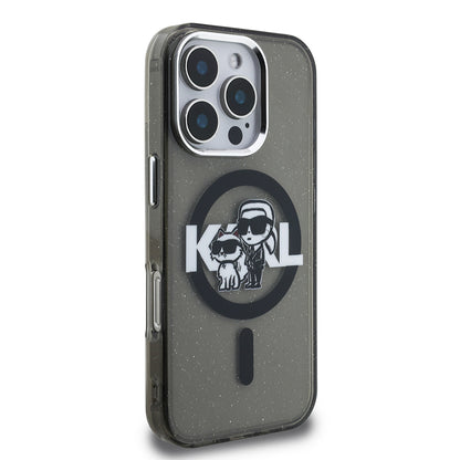 Apple iPhone 16 Pro Kılıf Karl Lagerfeld Orjinal Lisanslı Parlayan Simli Karl & Choupette Sketch Logo Kapak