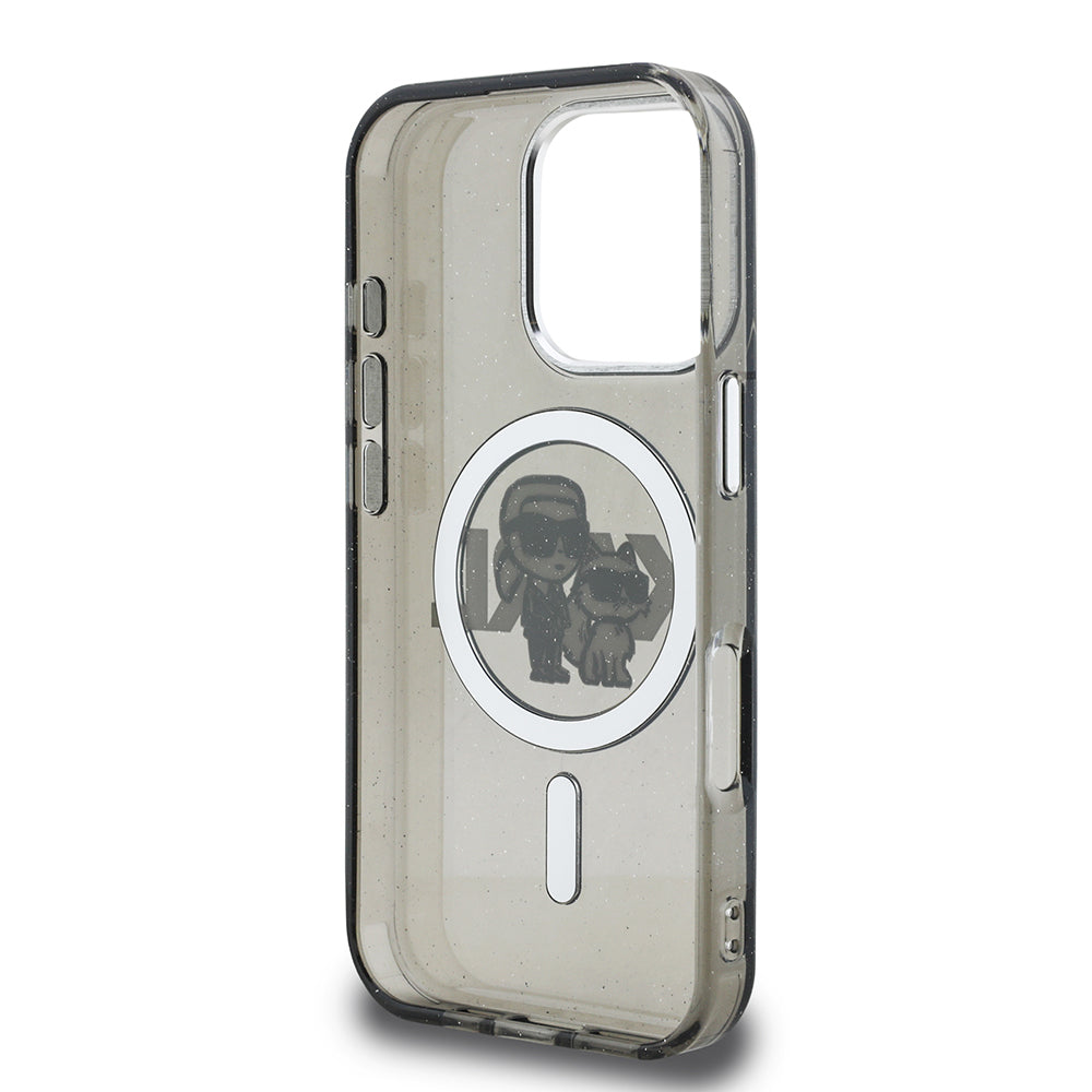 Apple iPhone 16 Pro Kılıf Karl Lagerfeld Orjinal Lisanslı Parlayan Simli Karl & Choupette Sketch Logo Kapak