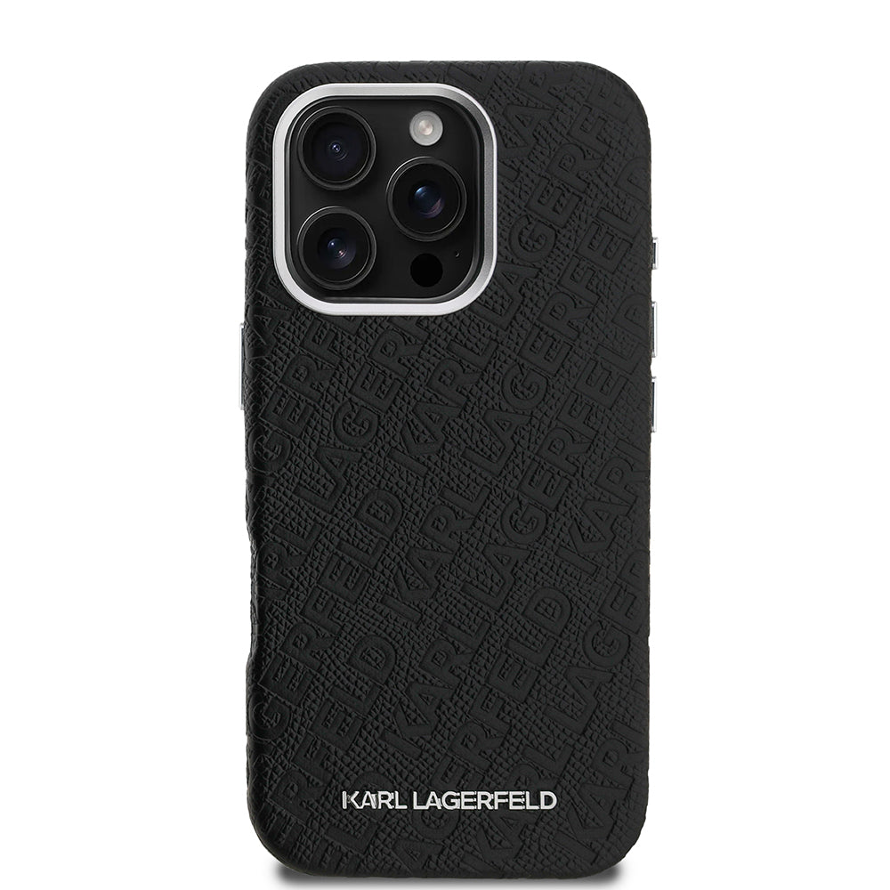 Apple iPhone 16 Pro Kılıf Karl Lagerfeld Orjinal Lisanslı PU Deri Damgalı Metal Yazı Logolu Kapak