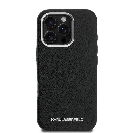 Apple iPhone 16 Pro Kılıf Karl Lagerfeld Orjinal Lisanslı PU Deri Damgalı Metal Yazı Logolu Kapak