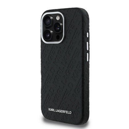 Apple iPhone 16 Pro Kılıf Karl Lagerfeld Orjinal Lisanslı PU Deri Damgalı Metal Yazı Logolu Kapak