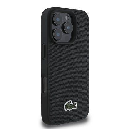 Apple iPhone 16 Pro Kılıf Lacoste Orjinal Lisanslı PU Pike Desenli Arka Yüzey İkonik Timsah Dokuma Logolu Kapak + Type-C Kablo 1.5m