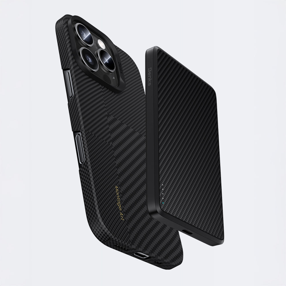 Apple iPhone 16 Pro Kılıf M-safe Şarj Özellikli Karbon Fiber Metal Kamera Çerçeveli Benks Montage ArmorAir Kevlar Kapak
