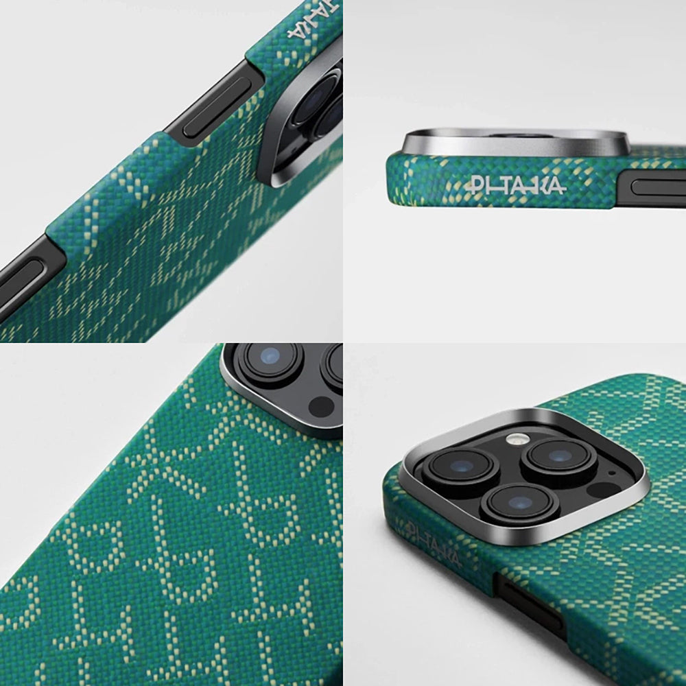 Apple iPhone 16 Pro Kılıf M-safe Şarj Özellikli Aramid Fiber Pitaka Tactile Woven Monogram Serisi Kapak