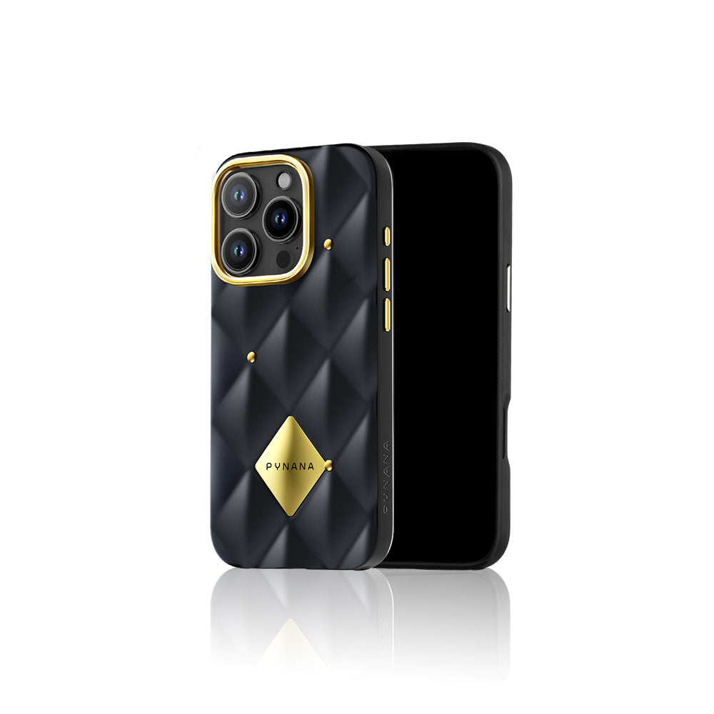 Apple iPhone 16 Pro Kılıf Parlak Arka Yüzeyli Kabartma Tasarımlı Kapitone Pynana Metal Diamond Serisi Kapak