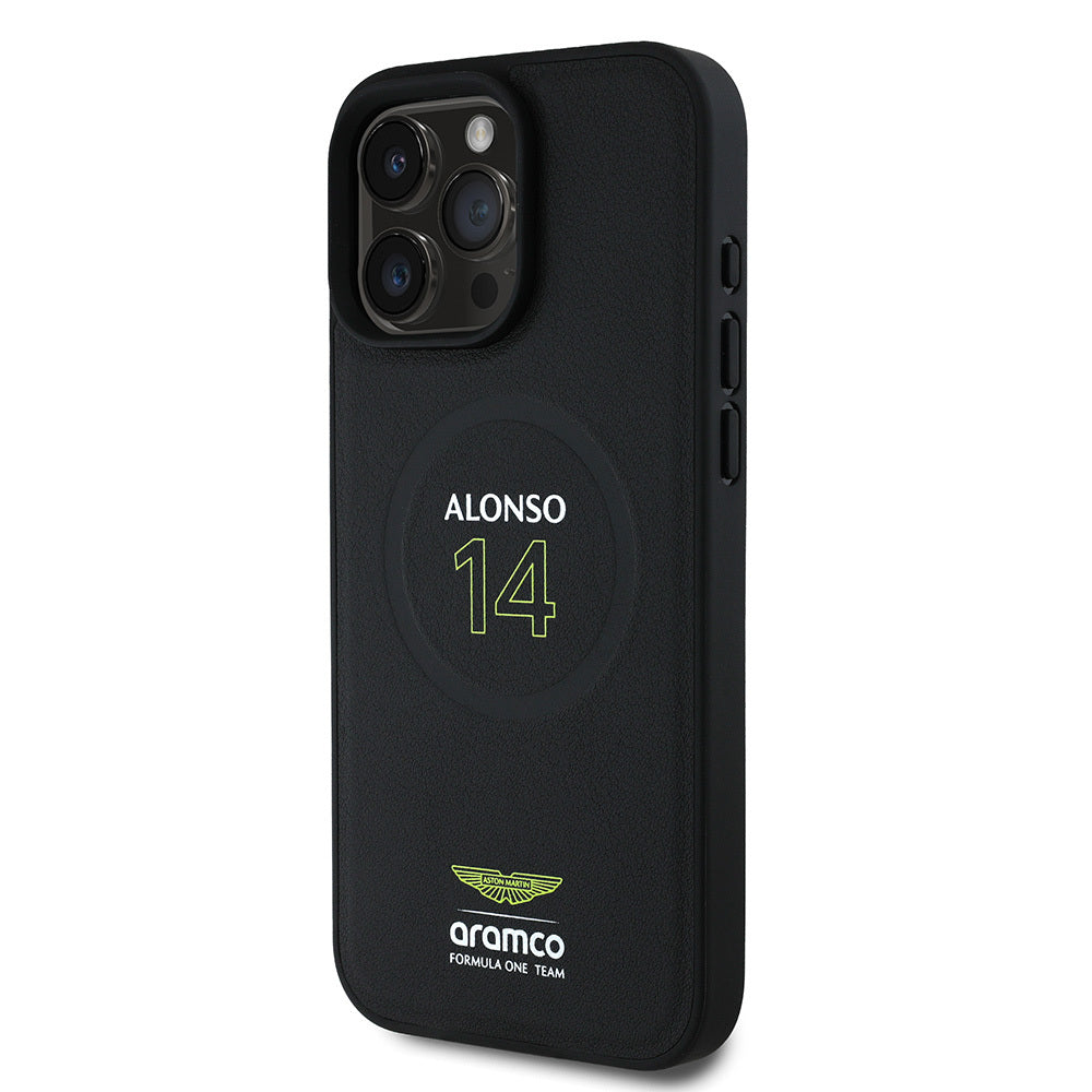 Apple iPhone 16 Pro Max Kılıf Aston Martin Orjinal Lisanslı M-safe Şarj Özellikli PU Deri Alonso 14 Baskılı Kapak