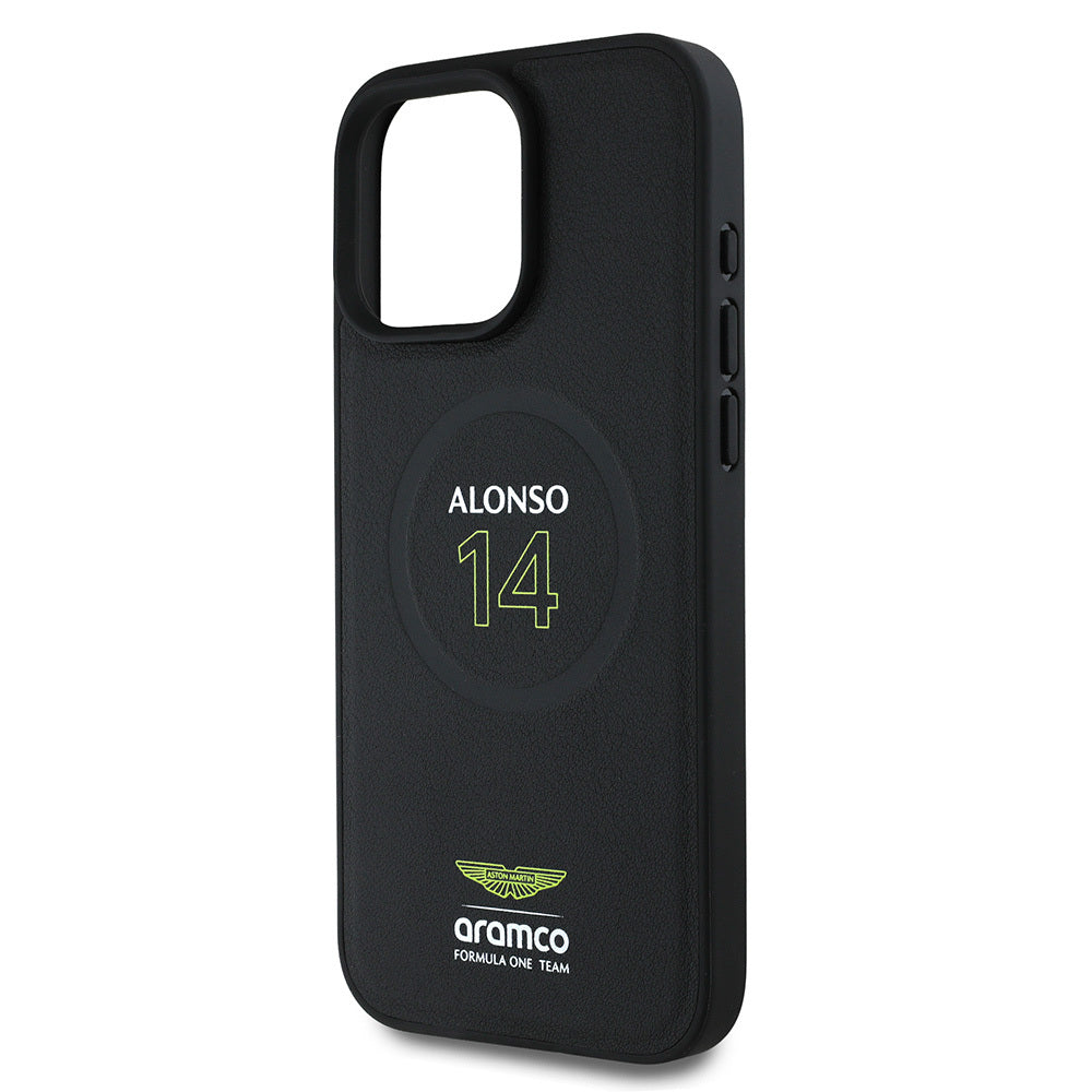 Apple iPhone 16 Pro Max Kılıf Aston Martin Orjinal Lisanslı M-safe Şarj Özellikli PU Deri Alonso 14 Baskılı Kapak
