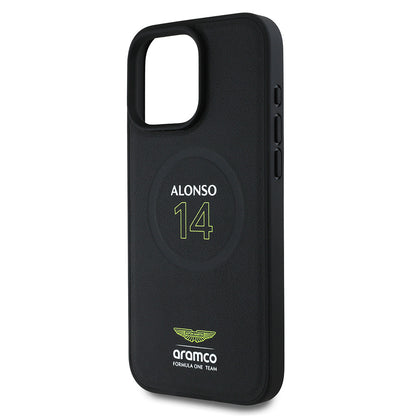 Apple iPhone 16 Pro Max Kılıf Aston Martin Orjinal Lisanslı M-safe Şarj Özellikli PU Deri Alonso 14 Baskılı Kapak