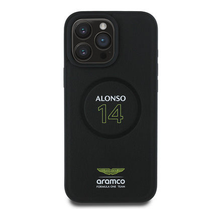 Apple iPhone 16 Pro Max Kılıf Aston Martin Orjinal Lisanslı M-safe Şarj Özellikli PU Deri Alonso 14 Baskılı Kapak