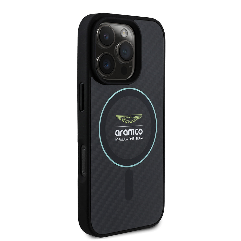 Apple iPhone 16 Pro Max Kılıf Aston Martin Orjinal Lisanslı M-safe Şarj Özellikli Renkli Halka ve Karbon Fiber Tasarımlı Kapak
