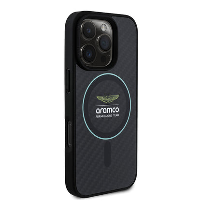 Apple iPhone 16 Pro Max Kılıf Aston Martin Orjinal Lisanslı M-safe Şarj Özellikli Renkli Halka ve Karbon Fiber Tasarımlı Kapak