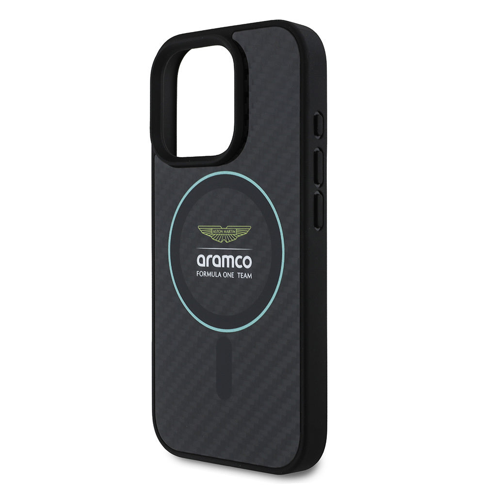 Apple iPhone 16 Pro Max Kılıf Aston Martin Orjinal Lisanslı M-safe Şarj Özellikli Renkli Halka ve Karbon Fiber Tasarımlı Kapak