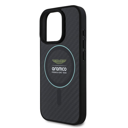 Apple iPhone 16 Pro Max Kılıf Aston Martin Orjinal Lisanslı M-safe Şarj Özellikli Renkli Halka ve Karbon Fiber Tasarımlı Kapak