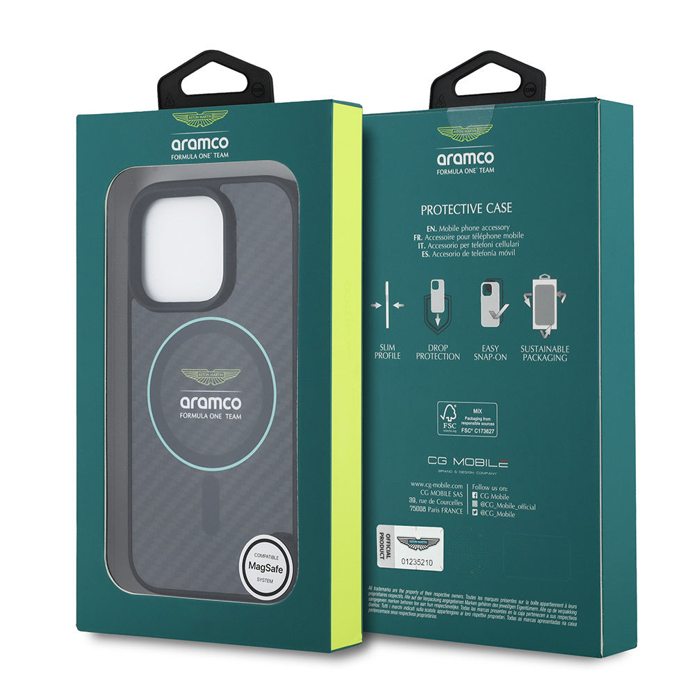 Apple iPhone 16 Pro Max Kılıf Aston Martin Orjinal Lisanslı M-safe Şarj Özellikli Renkli Halka ve Karbon Fiber Tasarımlı Kapak