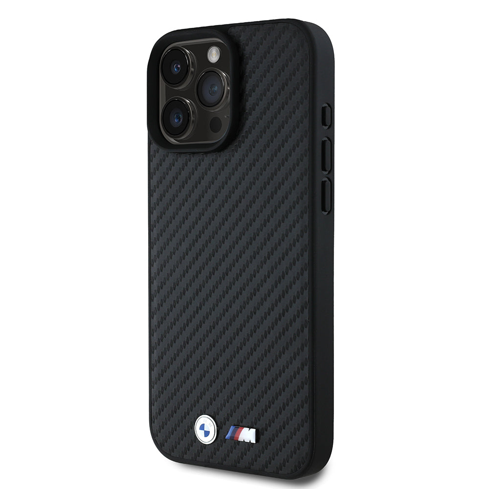 Apple iPhone 16 Pro Max Kılıf BMW Orjinal Lisanslı Karbon Fiber Tasarımlı ve Metal Logolu PU Deri Kapak