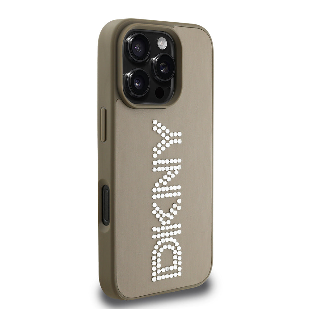 Apple iPhone 16 Pro Max Kılıf DKNY Orjinal Lisanslı Taşlı DKNY Yazılı Metalik Rhinestones PU Deri Kapak