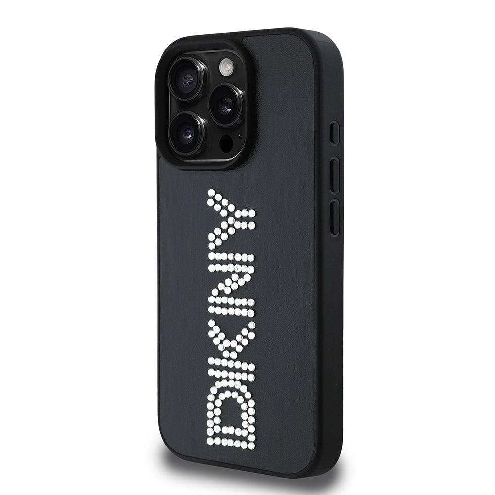Apple iPhone 16 Pro Max Kılıf DKNY Orjinal Lisanslı Taşlı DKNY Yazılı Metalik Rhinestones PU Deri Kapak