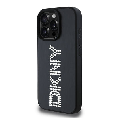Apple iPhone 16 Pro Max Kılıf DKNY Orjinal Lisanslı Taşlı DKNY Yazılı Metalik Rhinestones PU Deri Kapak