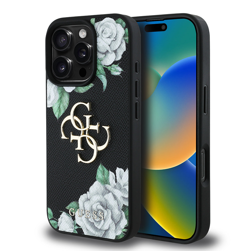 Apple iPhone 16 Pro Max Kılıf Guess Orjinal Lisanslı Gül Baskılı Büyük Metal Logo Dizaynlı Kapak