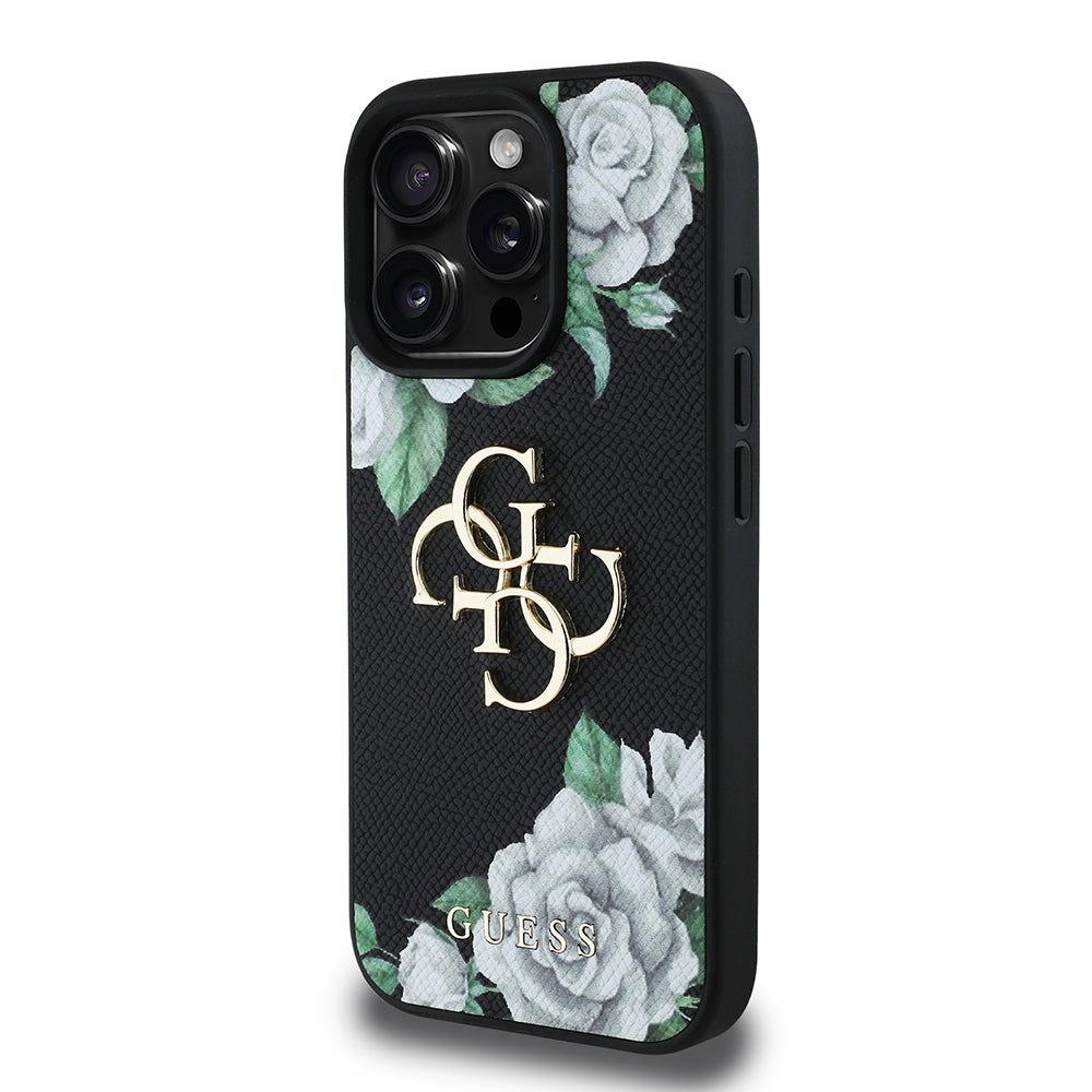 Apple iPhone 16 Pro Max Kılıf Guess Orjinal Lisanslı Gül Baskılı Büyük Metal Logo Dizaynlı Kapak