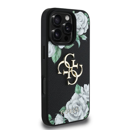 Apple iPhone 16 Pro Max Kılıf Guess Orjinal Lisanslı Gül Baskılı Büyük Metal Logo Dizaynlı Kapak
