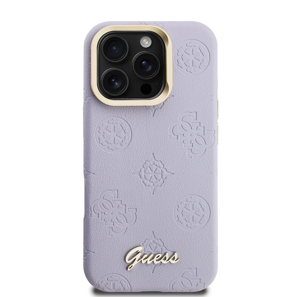 Apple iPhone 16 Pro Max Kılıf Guess Orjinal Lisanslı M-safe Şarj Özellikli Sıcak Baskılı Yazı Logolu Kamera Standlı PU Deri Peony Kapak