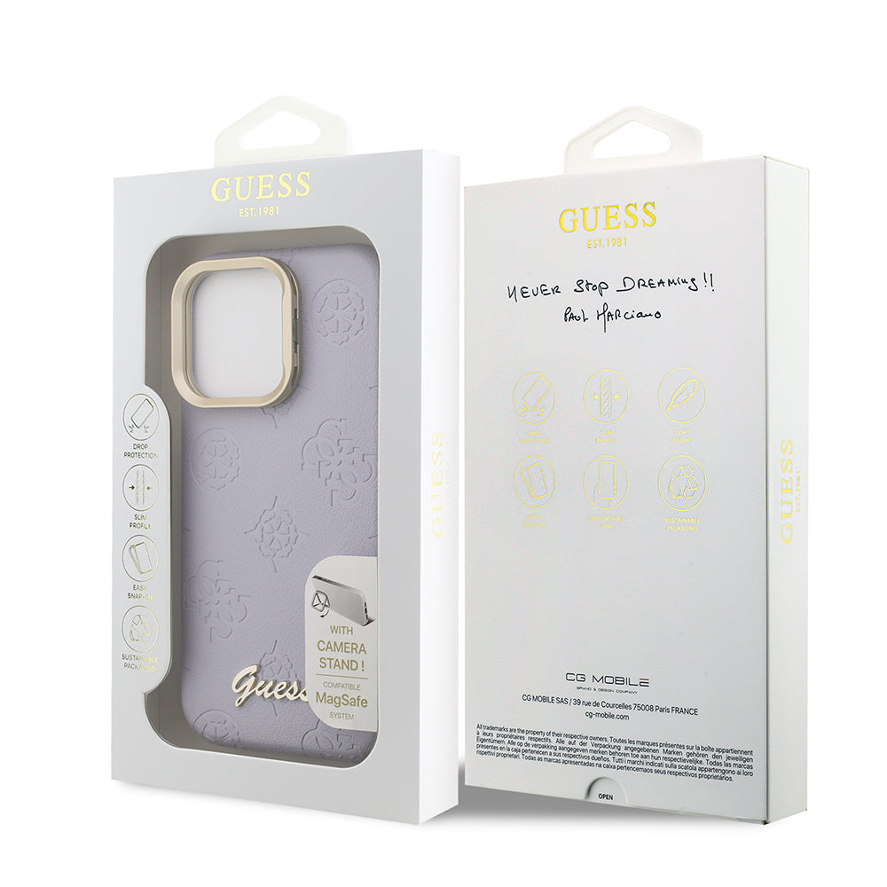 Apple iPhone 16 Pro Max Kılıf Guess Orjinal Lisanslı M-safe Şarj Özellikli Sıcak Baskılı Yazı Logolu Kamera Standlı PU Deri Peony Kapak