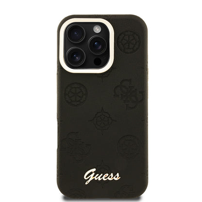 Apple iPhone 16 Pro Max Kılıf Guess Orjinal Lisanslı M-safe Şarj Özellikli Sıcak Baskılı Yazı Logolu Kamera Standlı PU Deri Peony Kapak