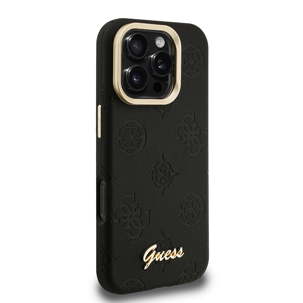 Apple iPhone 16 Pro Max Kılıf Guess Orjinal Lisanslı M-safe Şarj Özellikli Sıcak Baskılı Yazı Logolu Kamera Standlı PU Deri Peony Kapak