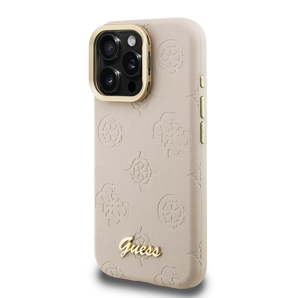 Apple iPhone 16 Pro Max Kılıf Guess Orjinal Lisanslı M-safe Şarj Özellikli Sıcak Baskılı Yazı Logolu Kamera Standlı PU Deri Peony Kapak